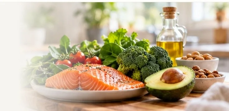 Whole-food meal ingredients including salmon, avocado, vegetables and nuts